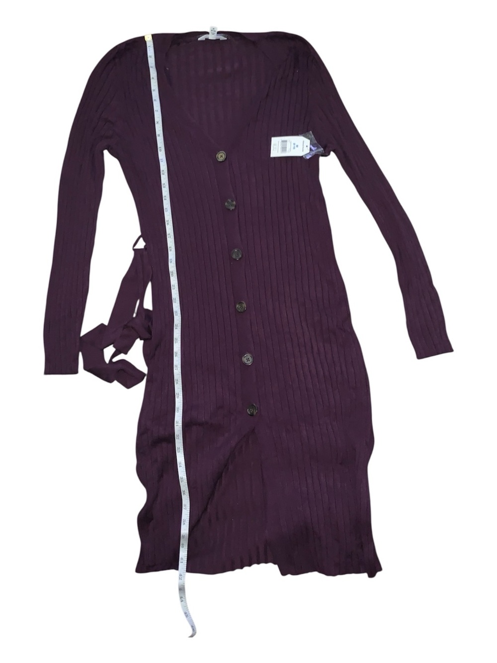 Long Ribbed Button-Front Duster with Belt in Deep Plum NWT